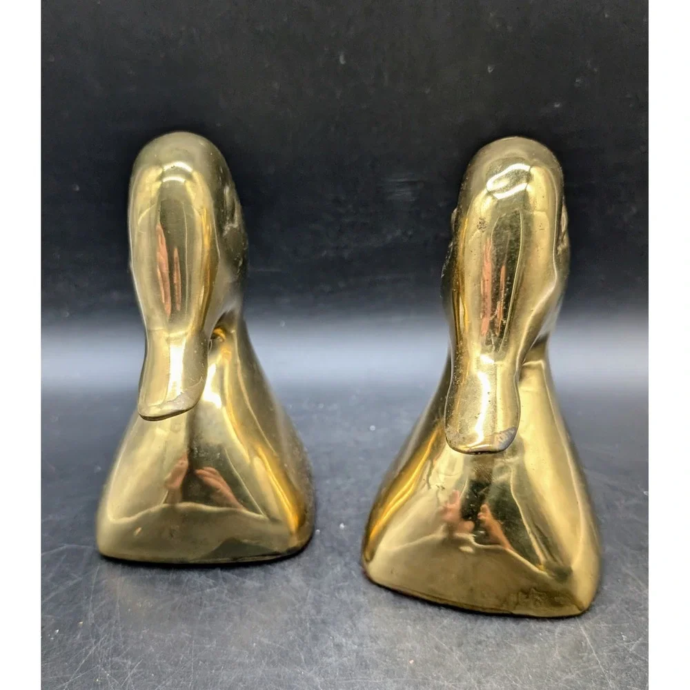 Vintage Solid Brass Duck Head Bookends Set Polished Gold Tone Mid Century Decor